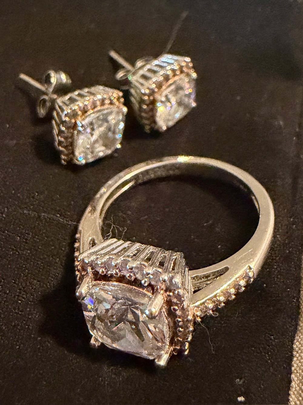 PAJ CZ Halo Ring & Matching Stud Earrings Set Silver Tone Cushion Cut